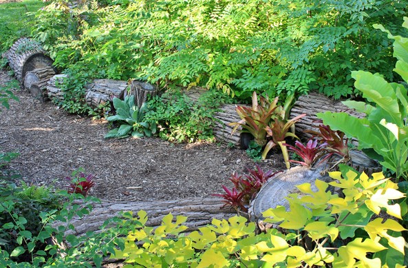 Chunks of tree trunks with bark intact line a shady pathway with added colorful plants as decoration.