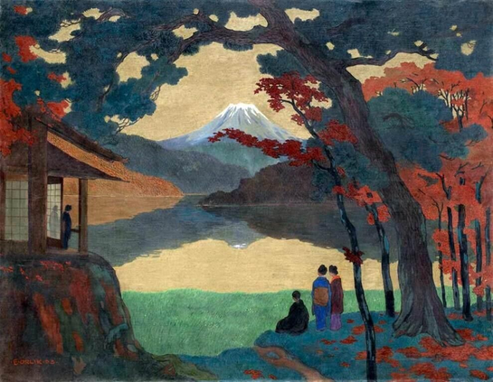 A Japoniste scene. On the side of a lake, a group of people stand under trees with autumn foliage, looking out over the lake at Mount Fuji in the distance. To the left is a small pavilion.