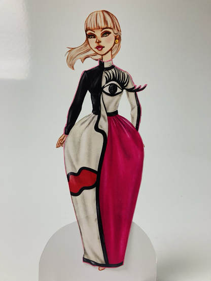 Paper doll wearing a fanciful dress. 