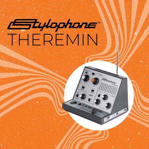 Advertising image for the Stylophone Theremin. Orange background with lighter wavy lines emanating from a white circle which has a picture of the synthesiser in it. The device is roughly wedge shaped, black with a brushed metal fascia, has an antenna, a slider-operated keyboard, and numerous knobs and switches on the front panel.