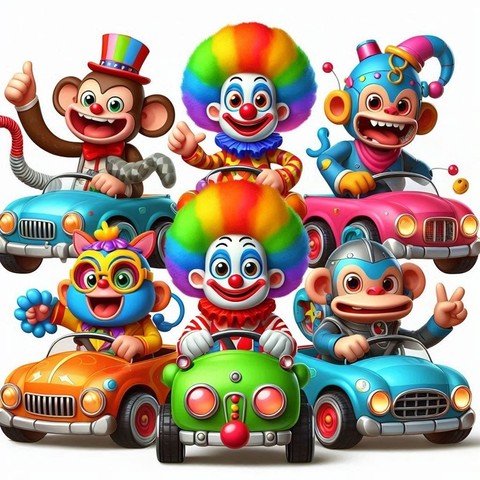 Komische Figuren wie z.B. Clowns in bunten (komischen) Autos.