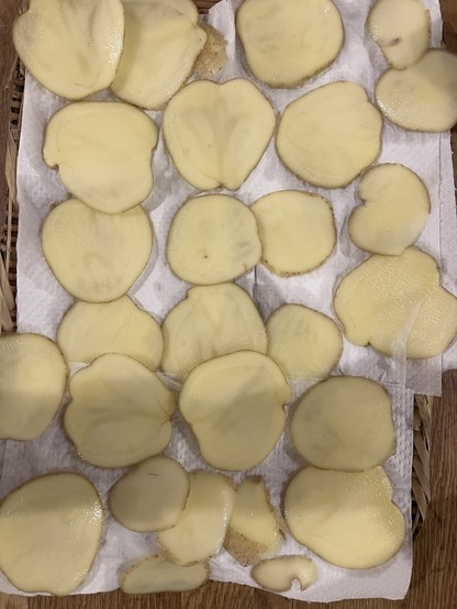 Sliced raw potatoes arranged on paper towels, with a mix of round and irregular shapes.